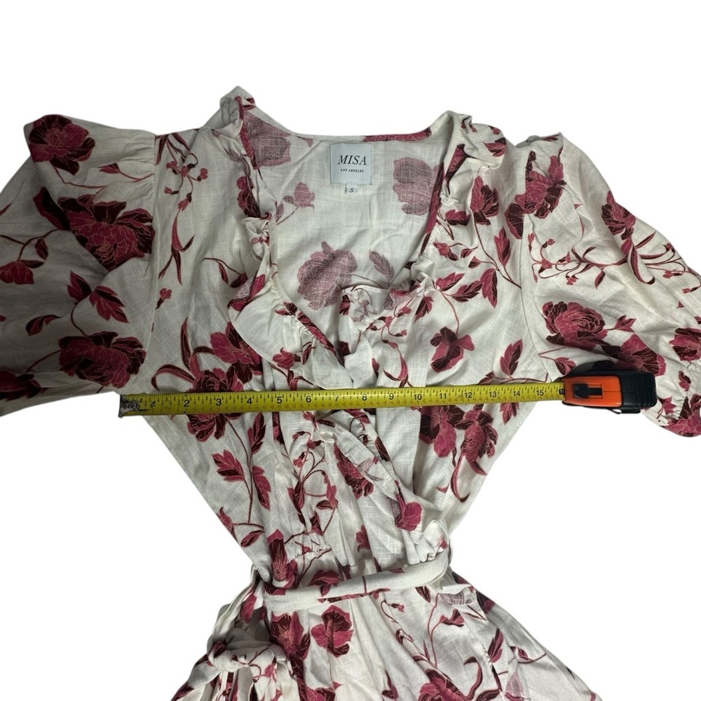 MISA Dress Small White Pink Thora Floral Ruffle Mini Wrap Abstract Peony  small - Picture 7 of 12
